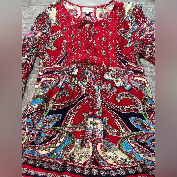 Altar’d State- Mini Tunic Dress- 3/4th sleeve- red blue - small- spring dress - Picture 9 of 9